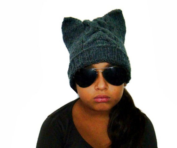 PDF pattern Ear Anymal beanie cat  Knitting hat Hat Cabled Cat Knit ear Beanie Slouchy Pattern