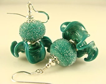 Lampwork Earrings, Glass Bead Earrings, Green Dangle Earrings, Beadwork Earrings, Lampwork Jewelry, Forest Green Beaded Earrings