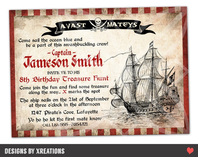 Pirate Party Invitation, I will customize for you, Print your own, Digital file