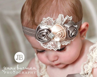 SALE Grey Cream Baby Headband,Newborn headband, baby headbands,lace headband, satin flowers headband,Girls Headband, Hair Bows