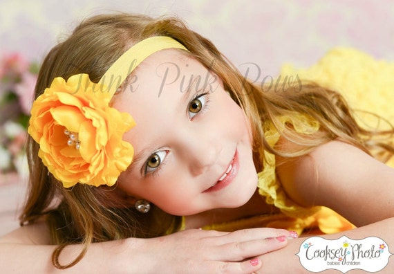 Yellow Baby Headband, Baby headband,Newborn Headband, Girl Headband, Blue Flower Headband, Baby Girl Headband. by ThinkPinkBows