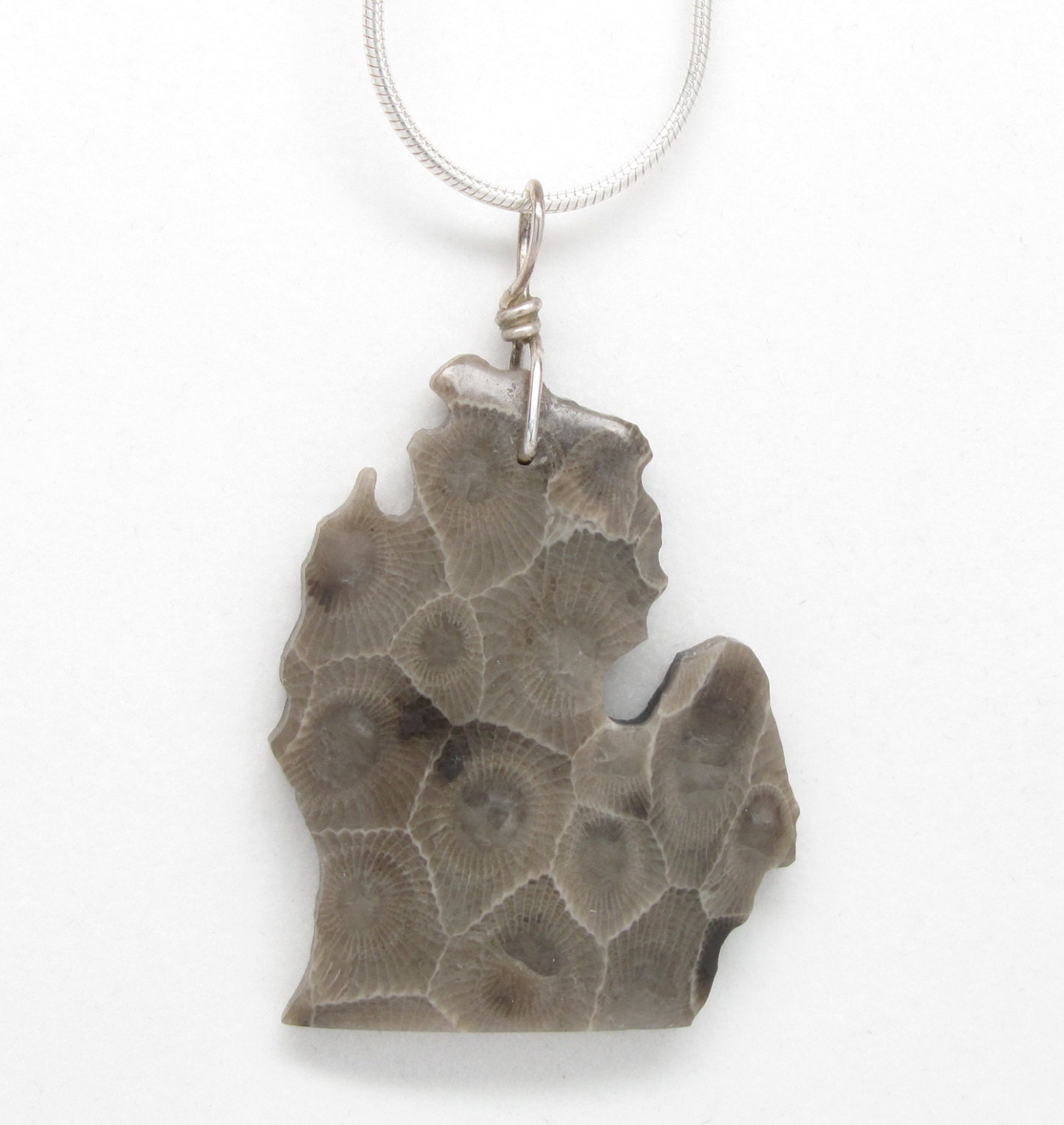 Michigan Shaped Petoskey Stone Pendant Lower Peninsula