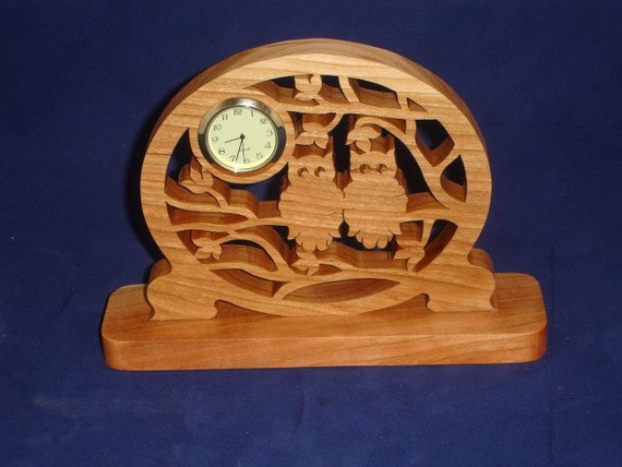 Owls In Tree Desk Clock Handmade From Cherry Wood With Quartz 1-7/16 Clock Insert