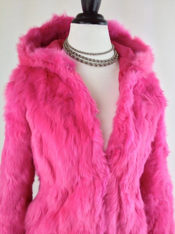 90's Hot Pink Hooded Rabbit Fur Jacket // M