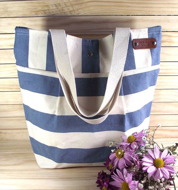 Waterproof Striped Canvas Tote Bag BLUE white Beach bag Diaper Bag ...