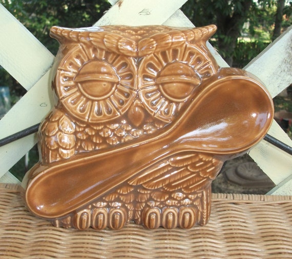 Owl Spoon Rest Large Vintage 70s Ceramic by StrokesofMadness