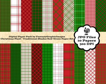 Christmas Plaid Digital Paper Pack - Traditional Shades Red & Green - The Plaid Series - 20 Papers - Scrapbooking - Instant Download