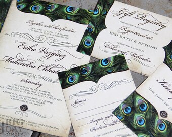 Vintage Peacock Feathers Wedding Invitation Set. Sophisticated Peacock wedding invitations. Exquisite peacock feather wedding invitations