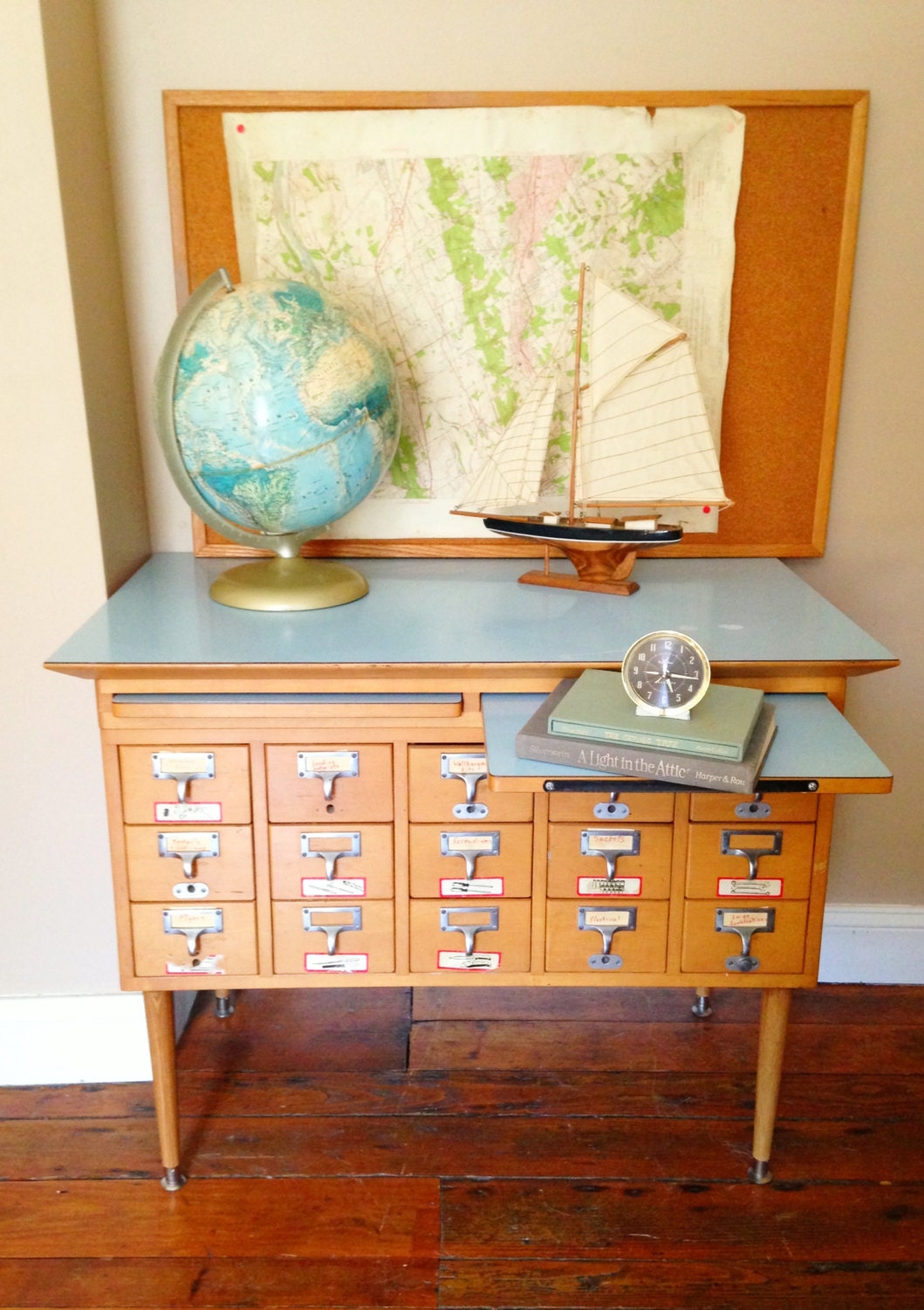 Vintage Library Card Catalog File Cabinet with Blue Top