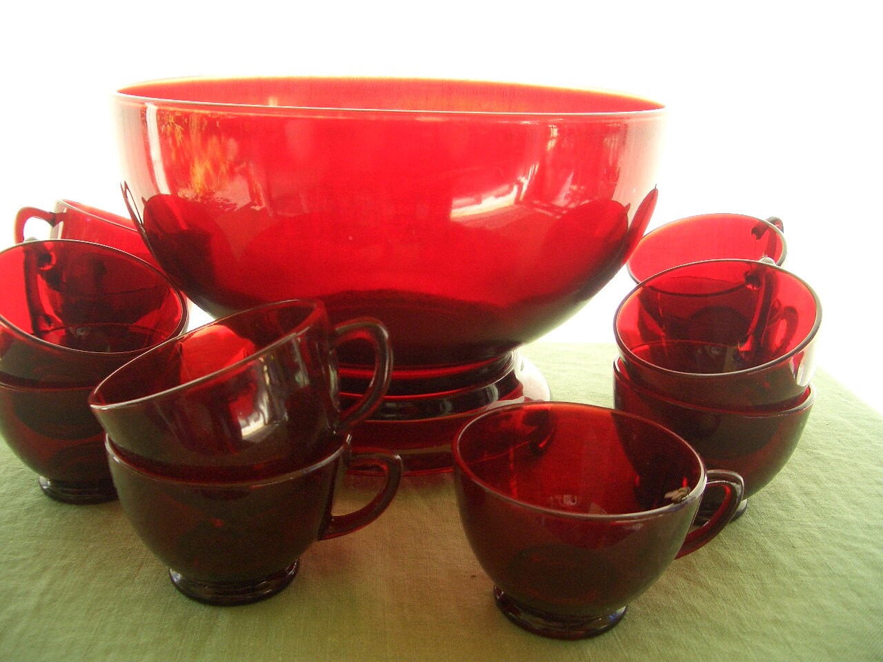 Vintage Ruby Red Pedestal Punch Bowl and 11 Cups Anchor