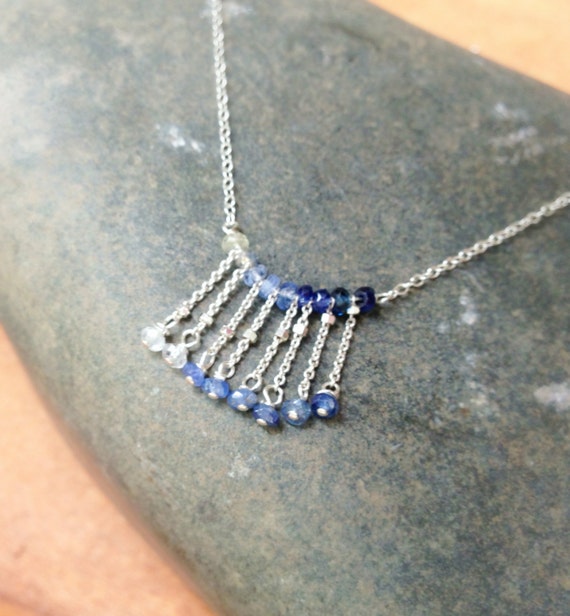Sterling SIlver Shaded Sapphire Hanging Raindrop Necklace