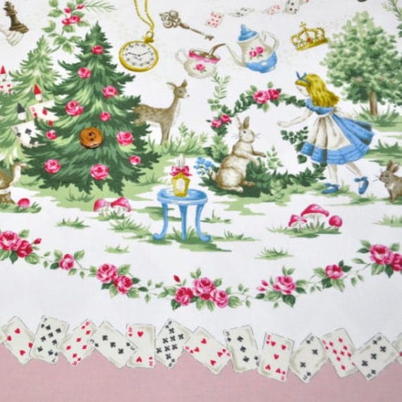Alice in wonderland fabric pink and white colour design 1 yard