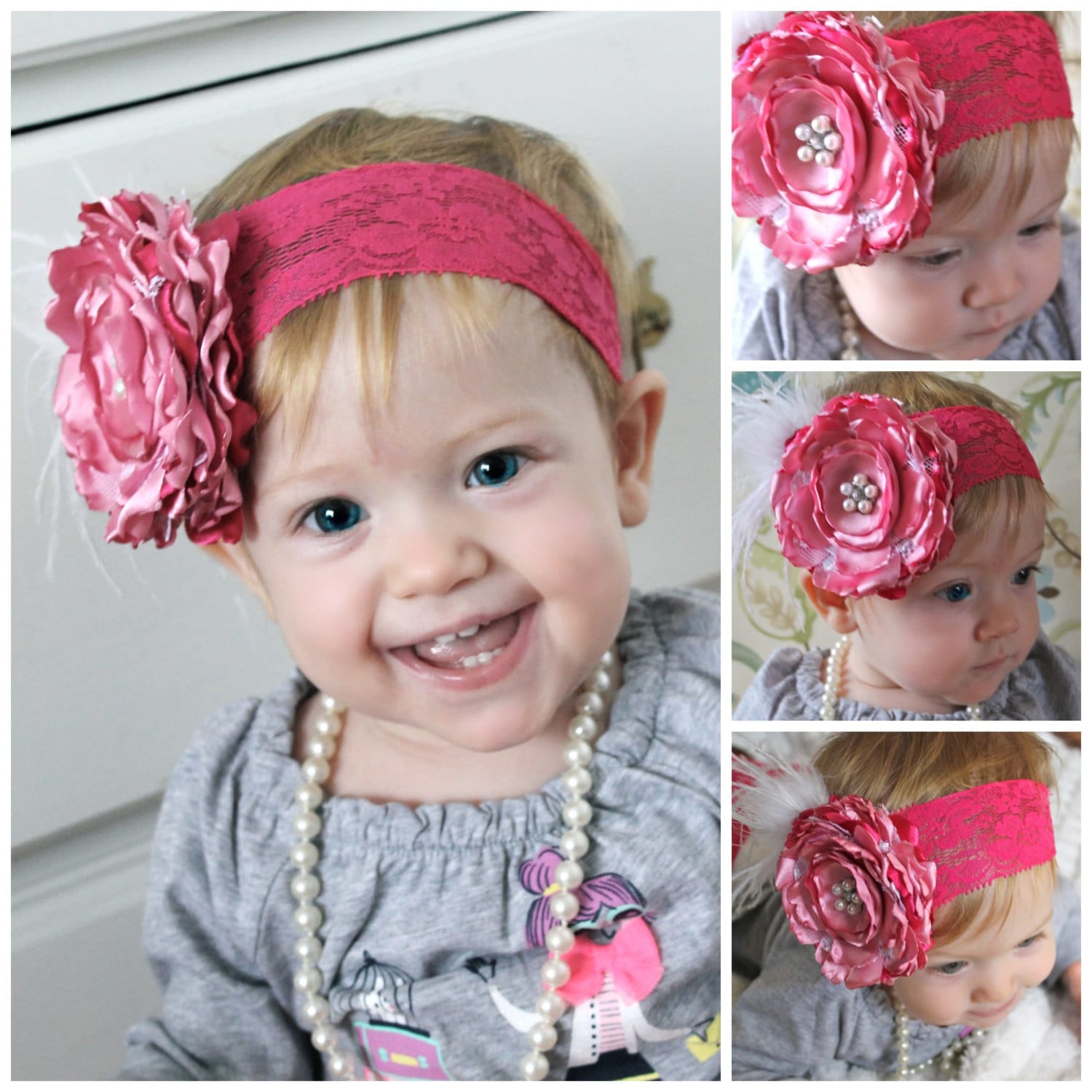 An artisan lover: Headband Shades of pink silk flower pearls feathers ...