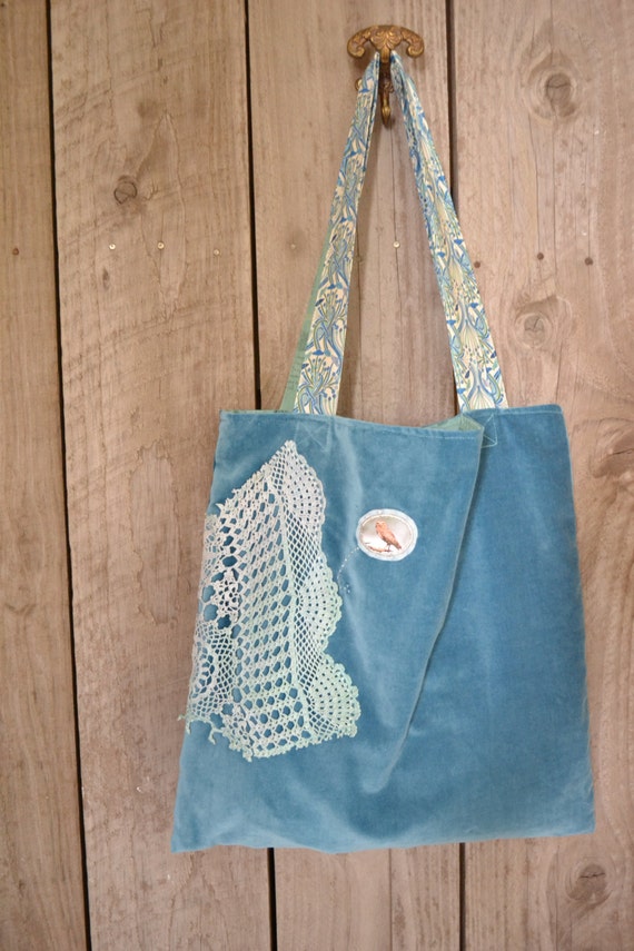 blue velvet book shoulder bag mori girl shabby teal blue