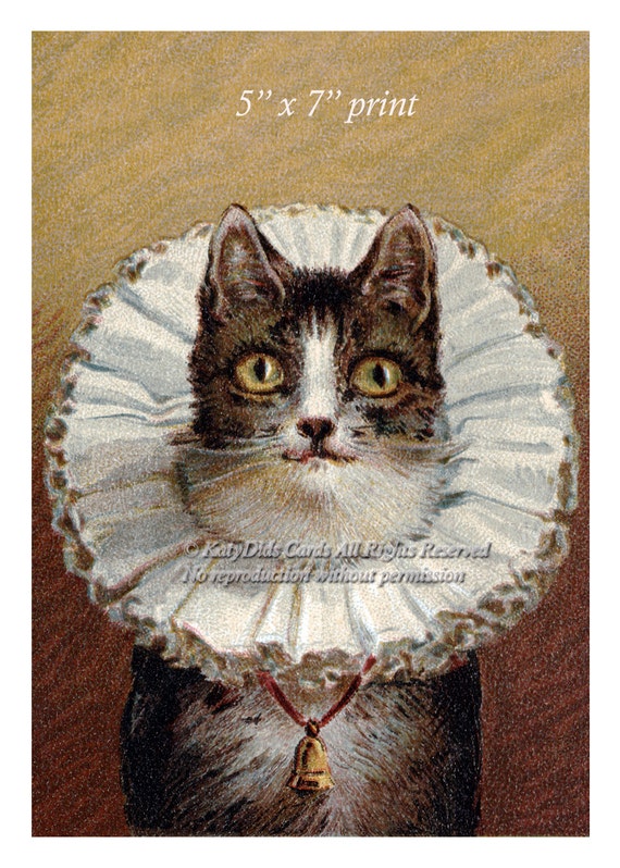 Victorian Cat Print Wears Lace Collar Bell by KatyDidsCards