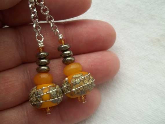 Dangle Drop Boho Chic Golden Lampwork and Golden Jade Earrings with Pyrite and Topaz Swarovski Crystals