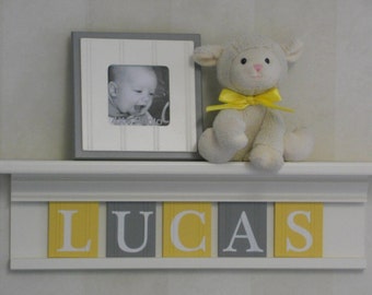 Yellow and Gray Nursery Wall Art Baby Boy Nursery Decor - Personalized White or (Off White) Wood Shelf with Wooden Wall Letters