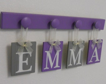 Name Sign - Baby Girl Name - Purple Gray Name Wood Hooks Lilac, Childs Name, Custom Name, Personalized Names, Wooden Baby Name Sign