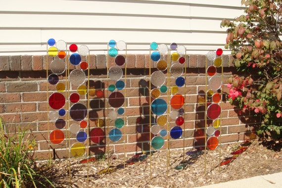 Stained glass red yellow blue orange purple garden art stake