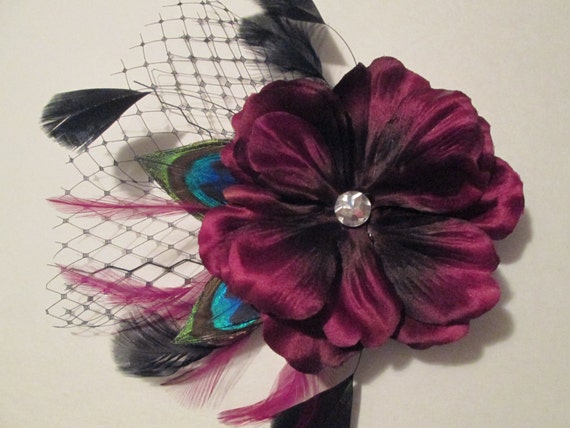 Items similar to Burgundy Bridal Hair Clip Fascinator, Purple-Maroon ...