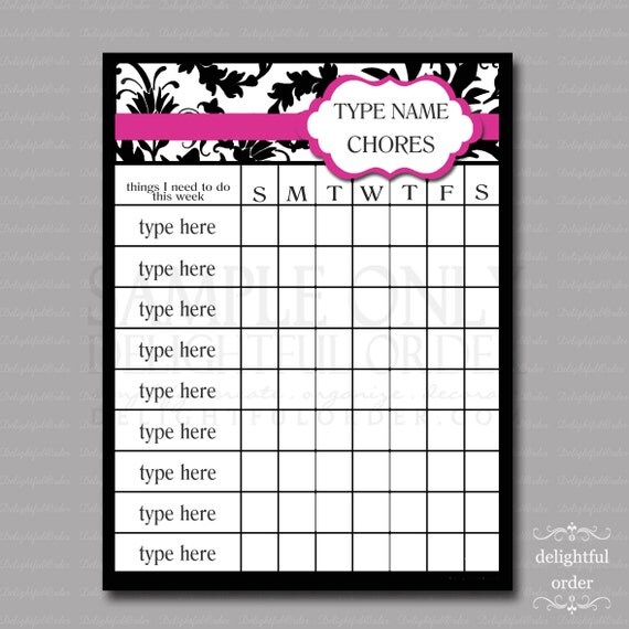 editable fuchsia damask chore chart pdf file instant