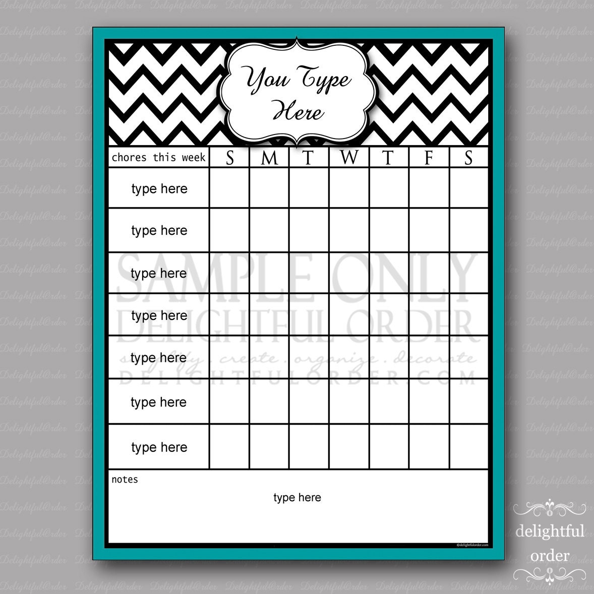 Editable Teal Chevron Chore Chart PDF File Instant