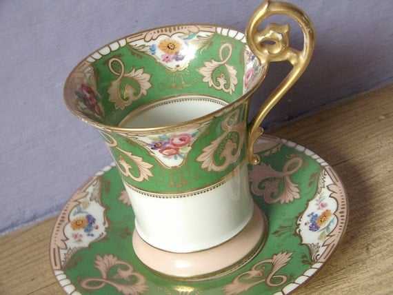 Antique TV Limoges France chocolate cup, vintage French porcelain tea cup and saucer set, Victorian tea set, green tea cup set