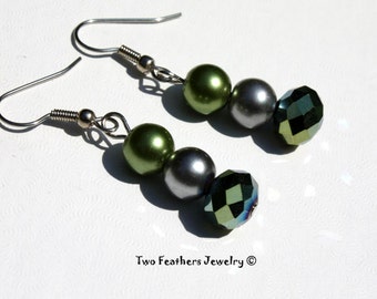 Green And Gray Beaded Earrings - Bridesmaid Gift - Bridal Jewelry - Glass Pearl Earrings - Czech Glass Earrings - Two Feathers Jewelry