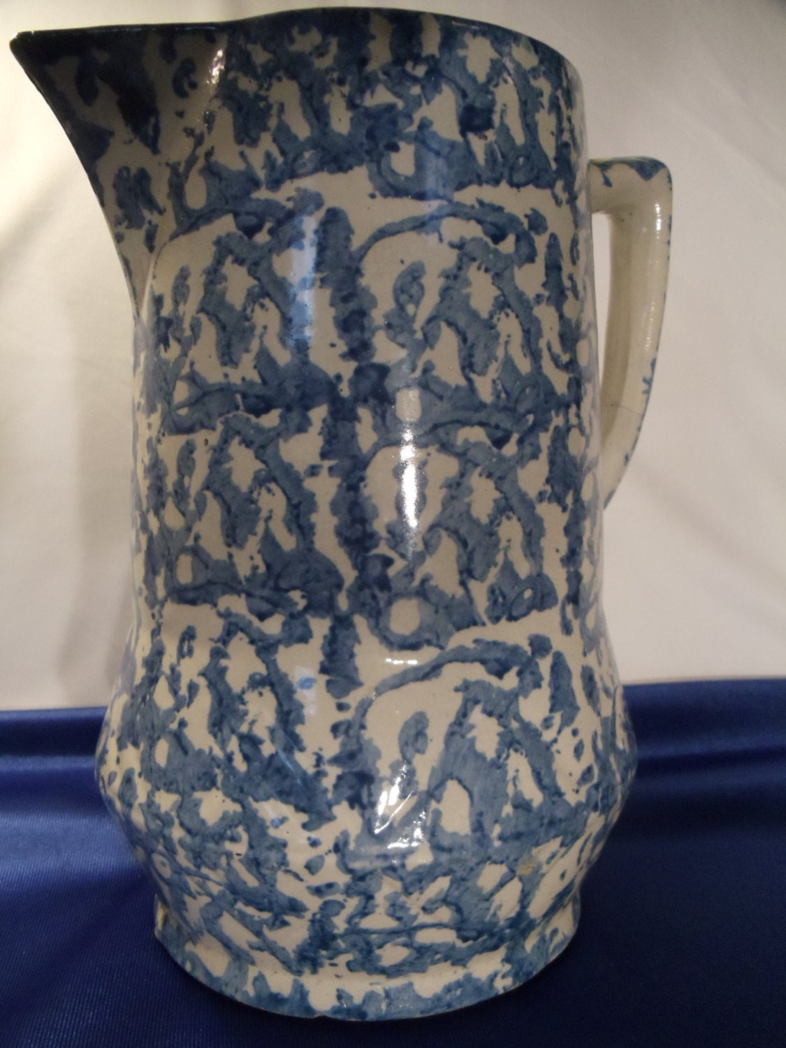 Antique Blue and White Spongeware Pitcher with Embossed
