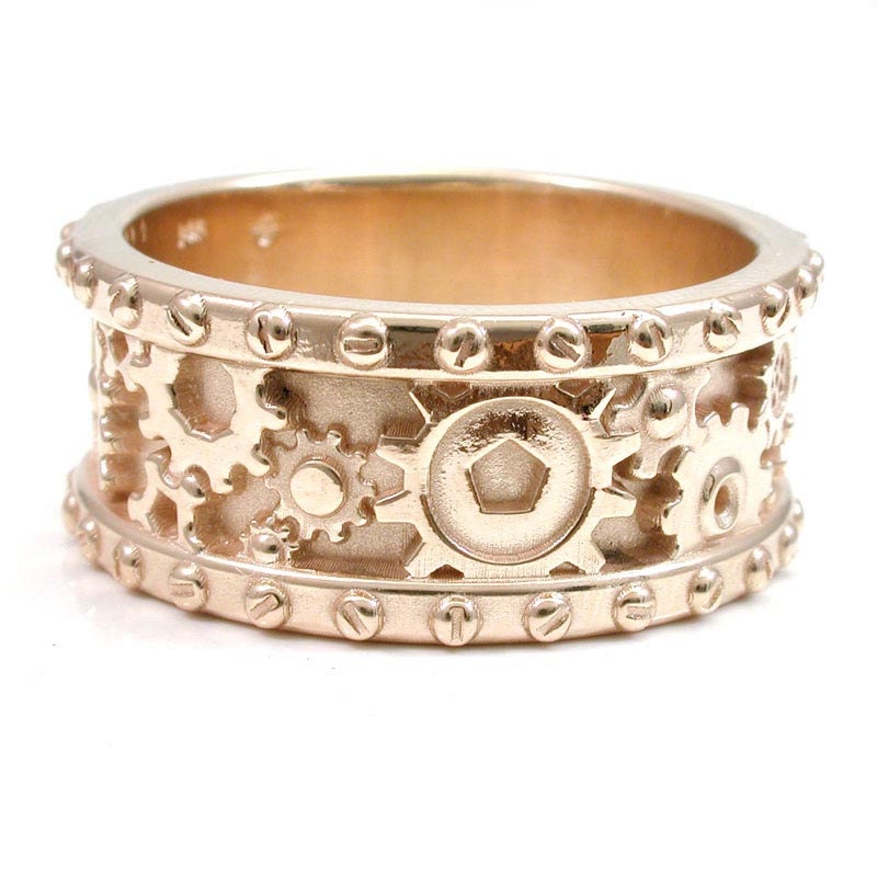 14k Yellow Gold Gear Ring Steampunk Mens Rivet Ring