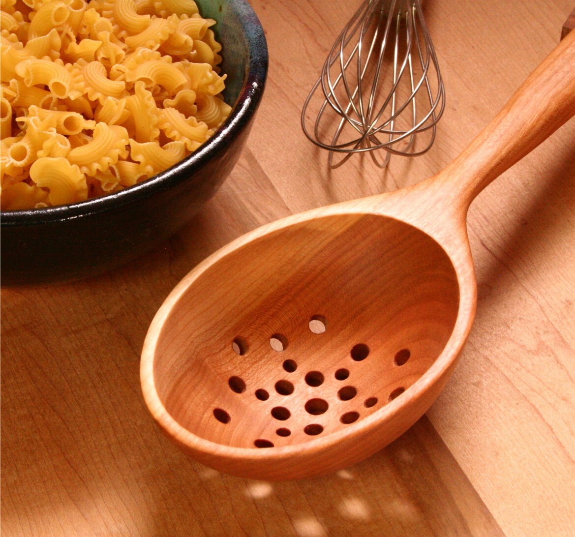 Large and deep wooden colander spoon kitchen utensil of Cherry