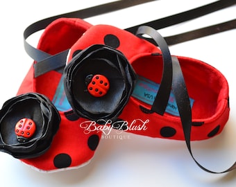 Ladybug Red with Black Polka Dots Baby Shoes - Soft Ballerina Slippers Baby Booties