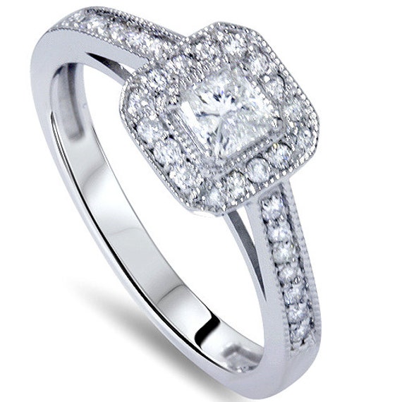 Princess Cut .65CT Diamond Cushion Halo Milgrain Engagement