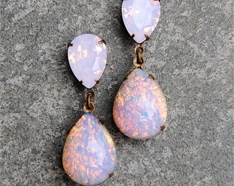 Pink Opal Earrings Vintage Swarovski Crystal Earrings Tear Drop Pear Post Dangle or Clip on Rhinestone Earrings Duchess Hourglass Mashugana