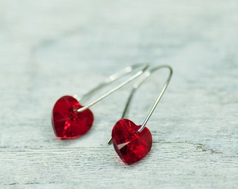 Romantic Earrings, Heart Red Earrings, Minimalist Earrings, Crystal Heart Earrings, Swarovski Jewelry, Red Heart Jewelry, Small Earrings