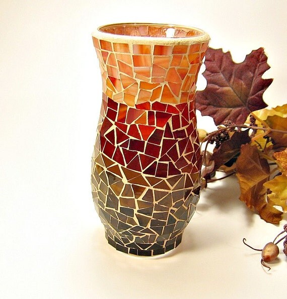 Stained glass mosaic vase brown and red