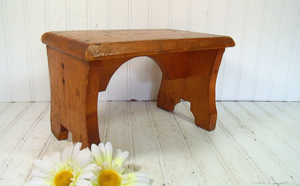 Primitive Solid Oak Wooden Foot Stool Vintage HandCrafted