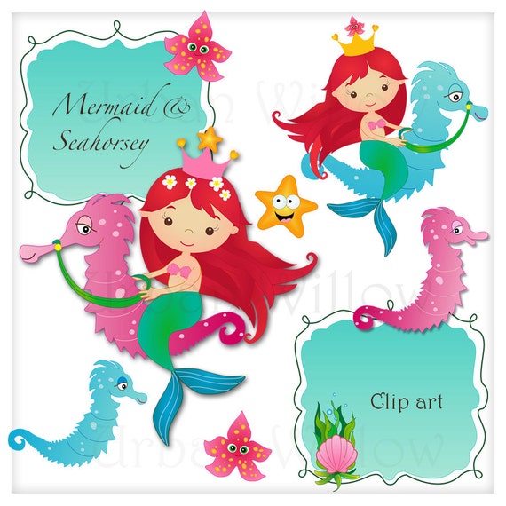 MERMAID Clipart Cute Mermaid riding a Seahorse Seahorse
