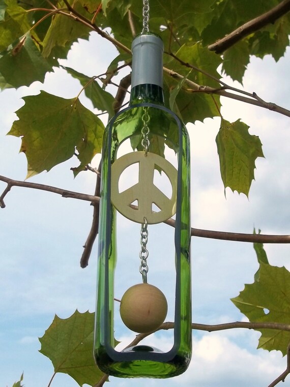 Green Wine Bottle Peace Sign Wind Chime By Groovygreenglass Green Wine Bottle Peace Sign Wind Chime