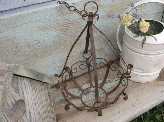 Antique Wrought Iron hanging planter basket by BitsOfLeatherNLace