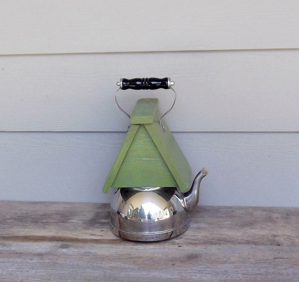 Tea Kettle Birdhouse with Lime Green Roof Whimsical
