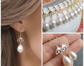 Lotus pearl earrings, bridesmaid gifts, Freshwater Pearl Earrings, Gold or silver earrings, bridal earrings, Pearl drop earrings