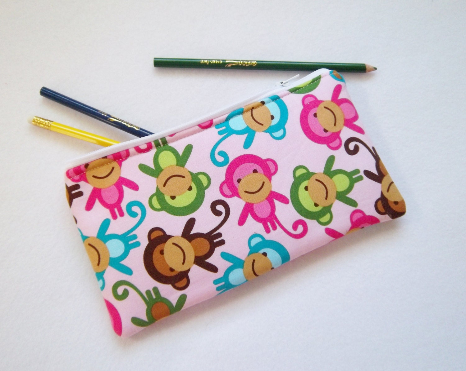 Pink Monkey print Pencil Case/ Crayon Case/Makeup Bag/