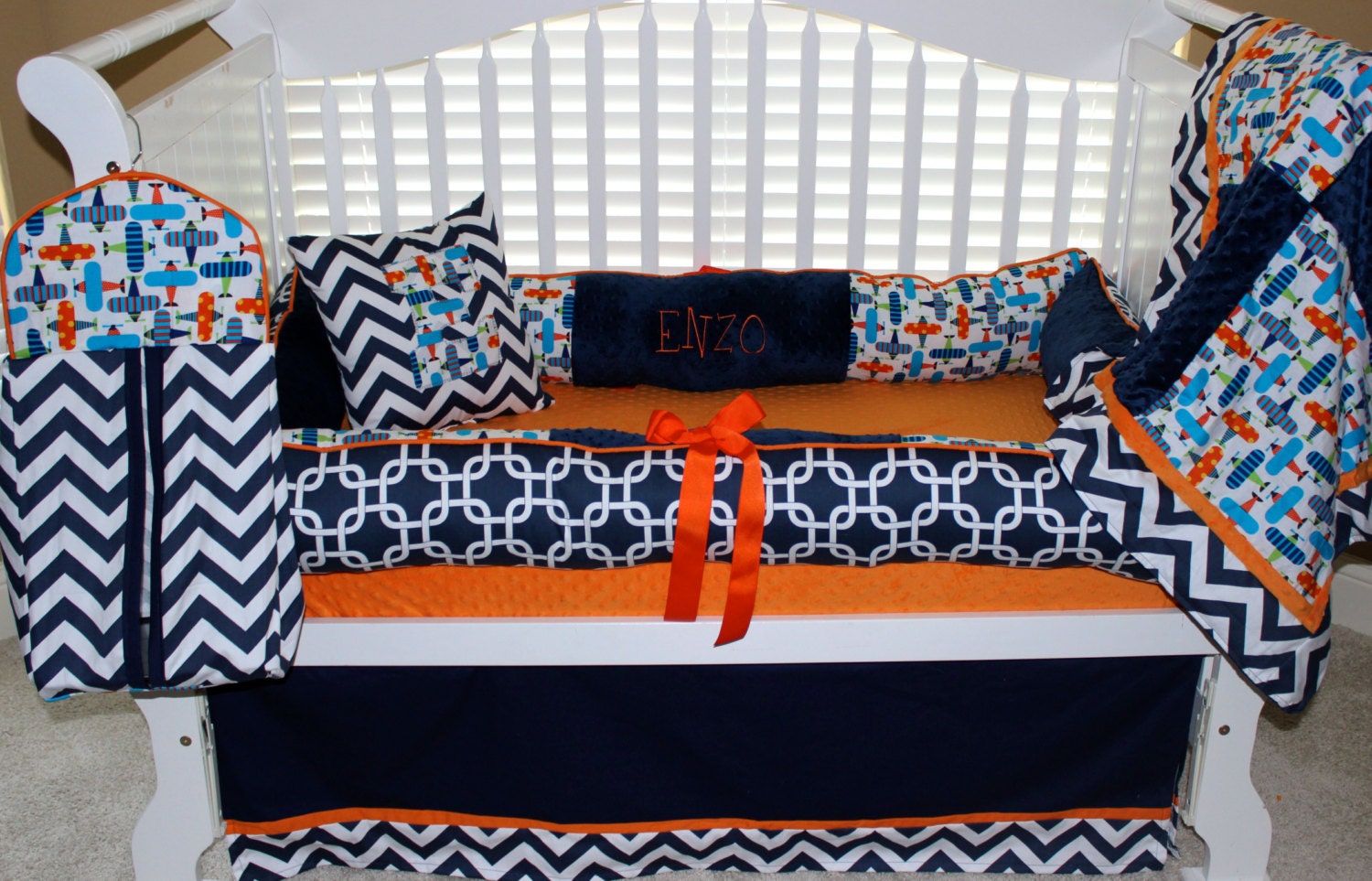 Custom Baby Bedding 6 pc set Enzo orange & navy airplane