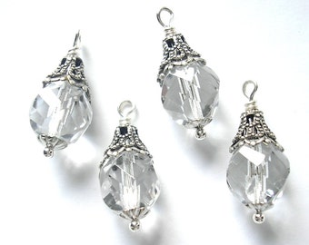 4 Pc. Crystal Clear Vintage Glass Bead Charms - Antiqued Silver Embellishments
