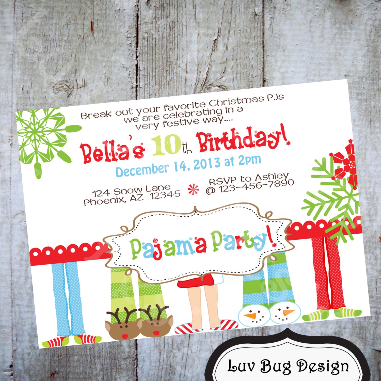 CHRISTMAS PAJAMA Birthday Party printable Invite by luvbugdesign