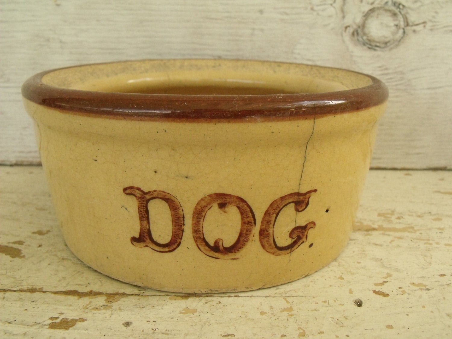 Antique Dog Bowl Stoneware Crock Pet Dish Authentic by KTsAttic