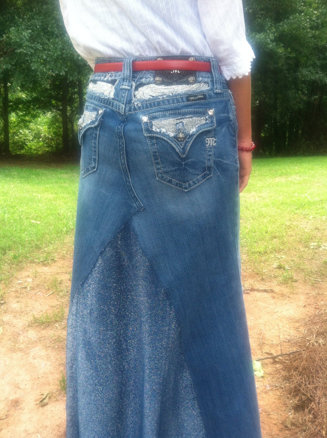 Ladies Long Handmade Miss Me Jean Skirt Size 8