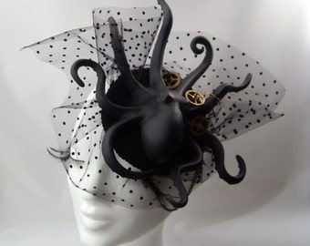 Black Gothic Octopus Steampunk Tentacle Headdress Black HEADPIECE FASCINATOR