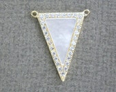 Mother of Pearl Triangle Double Bail Charm Pendant set in a Gold Vermeil Bezel with Rhinestone Pave (LA-07)